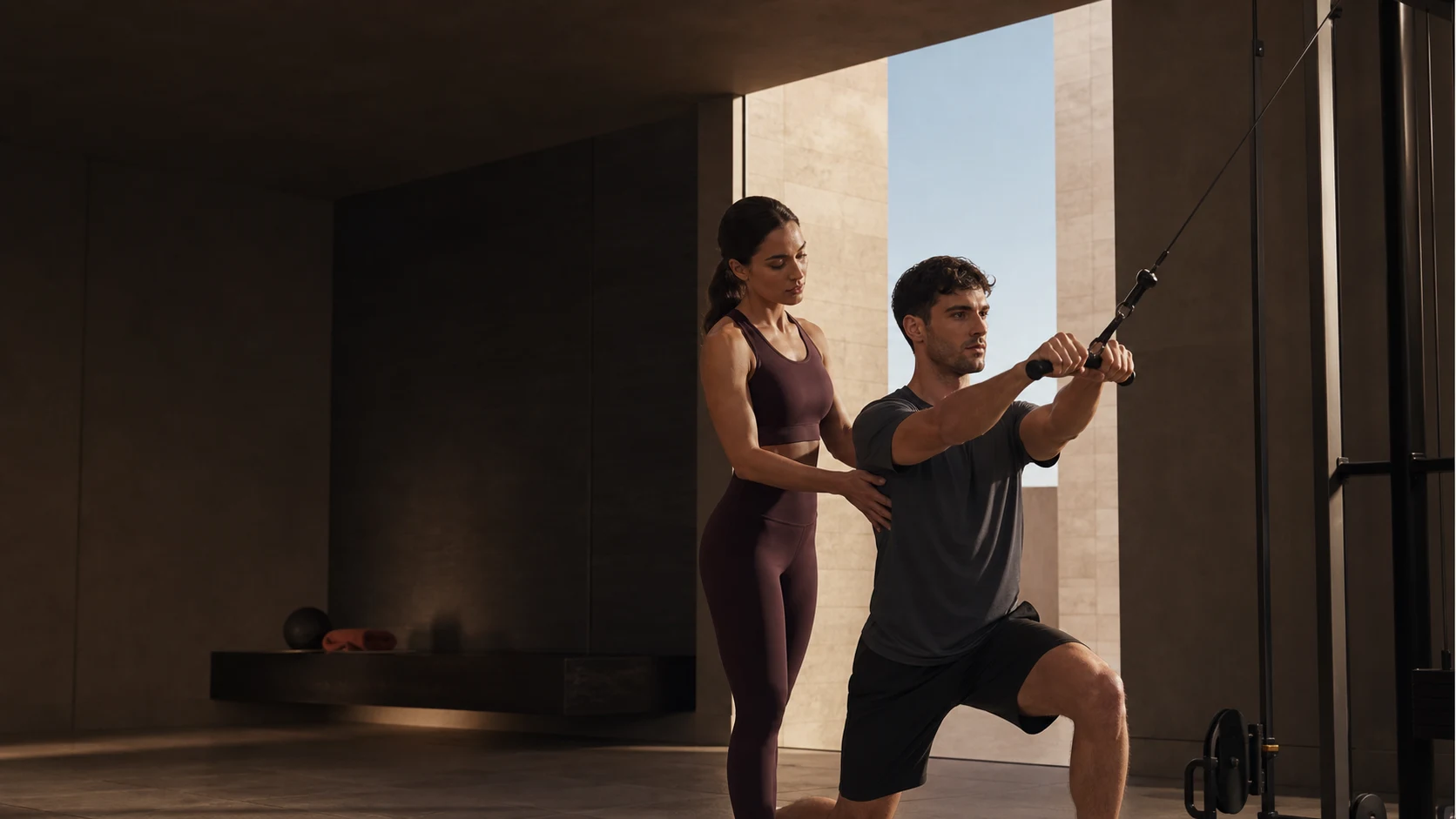 A personal coach guiding a client through a focused strength session